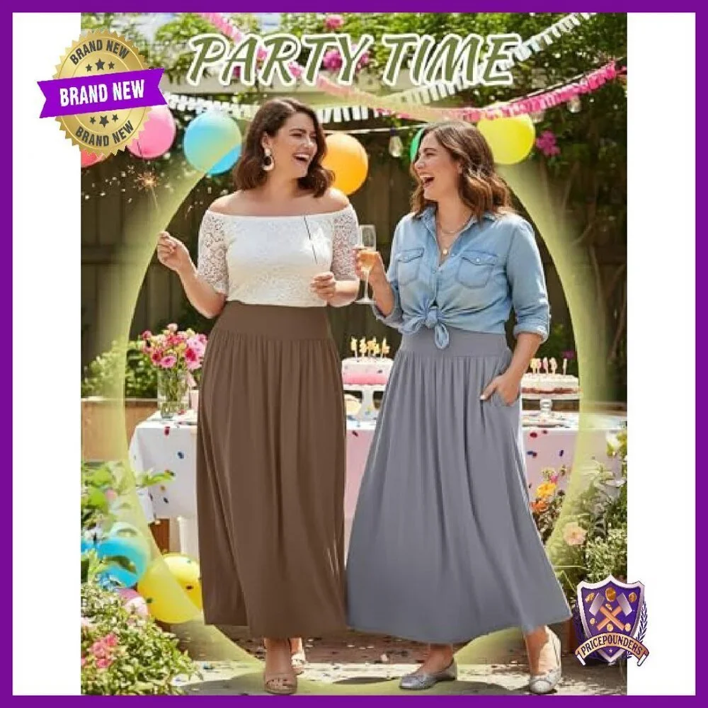Plus Size Maxi Skirts 3 Pack High Waisted Pleated A Line with Pocket